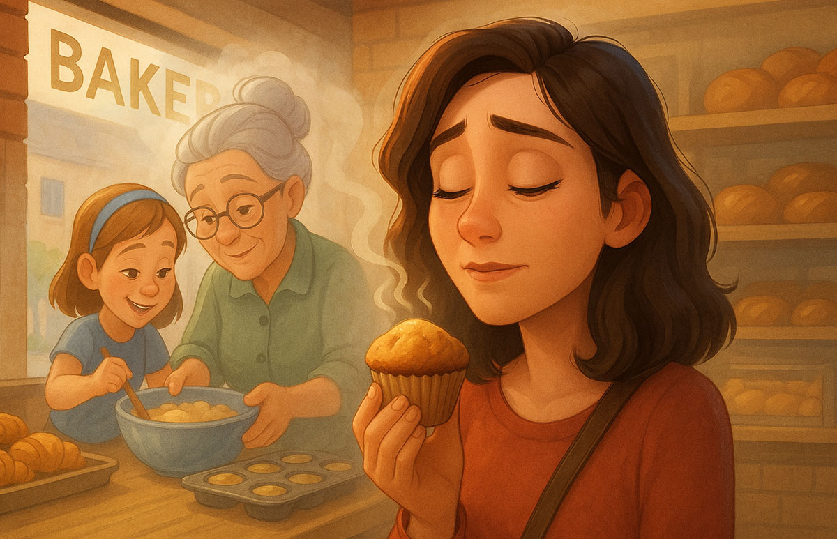 Chica oliendo una magdalena y recordando a su abuela